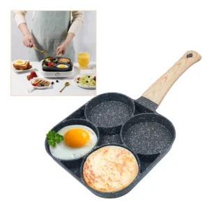 Sartén antiadherente de 4 puestos con huevo frito y tortita, ideal para desayunos.