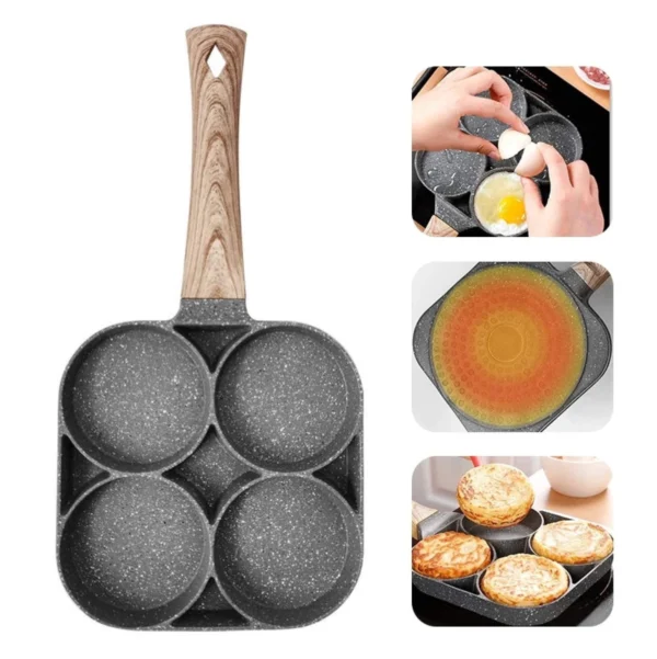 Sartén antiadherente de 4 puestos con mango de madera para cocinar huevos o tortitas.
