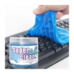 Slime gel limpiador azul Super Clean para teclados, carros y dispositivos electrónicos.