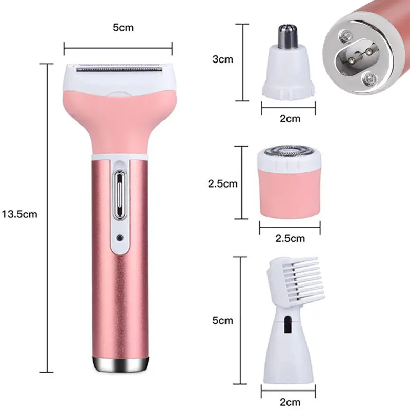 Depiladora facial recargable 4 en 1 para mujer, incluye 3 accesorios de belleza, rosa.