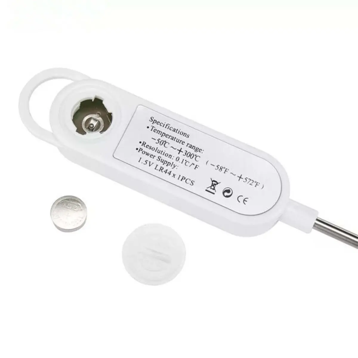 Termómetro de cocina digital blanco con sonda metálica y batería LR44 visible.