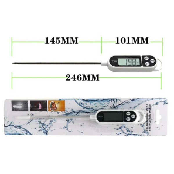Termómetro de cocina digital TP300 con sonda metálica y pantalla de lectura.