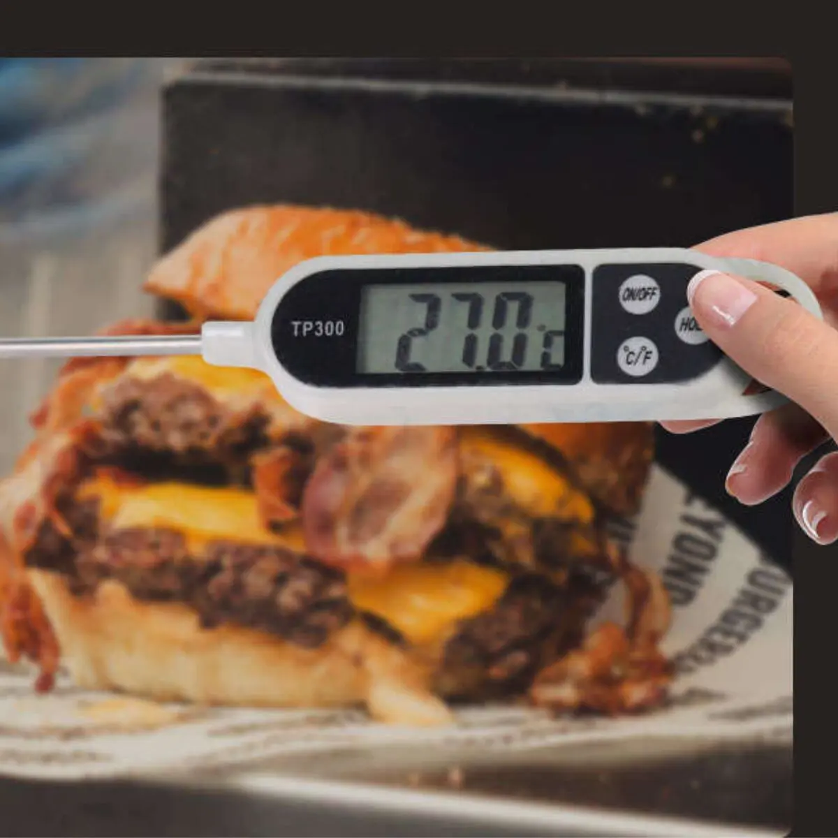 Termómetro digital de cocina TP300 midiendo la temperatura de una hamburguesa.