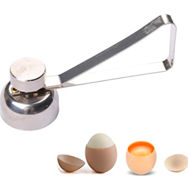 Partidor de cáscara de huevos de metal plateado, ideal para cortar huevos cocidos.