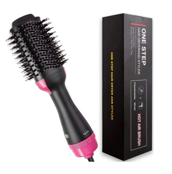 Cepillo secador de aire voluminizador negro y rosa para cabello, ideal para secar y estilizar.