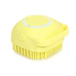 Cepillo para perros amarillo con dispensador de shampoo, cerdas suaves para masaje.