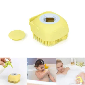 Cepillo para shampoo y masajeador para mascotas amarillo, ideal para baños relajantes.