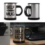 Taza pocillo mezclador auto-agitador plateada con texto negro "SELF STIRRING MUG".