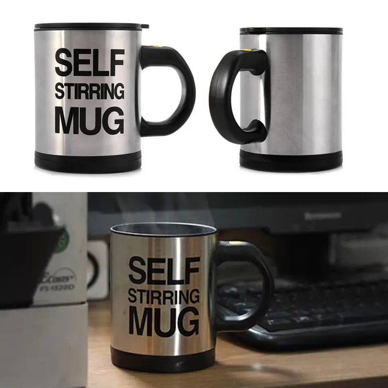 Taza pocillo mezclador auto-agitador plateada con texto negro "SELF STIRRING MUG".