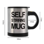 Taza mezcladora plateada con texto "SELF STIRRING MUG" y medidas.