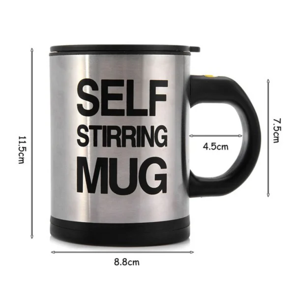 Taza mezcladora plateada con texto "SELF STIRRING MUG" y medidas.