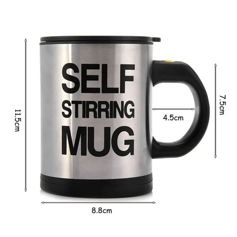 Taza mezcladora plateada con texto "SELF STIRRING MUG" y medidas.