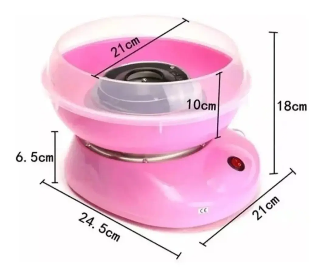 Máquina portátil para hacer algodón de azúcar rosa con medidas: 24.5cm x 21cm x 18cm.