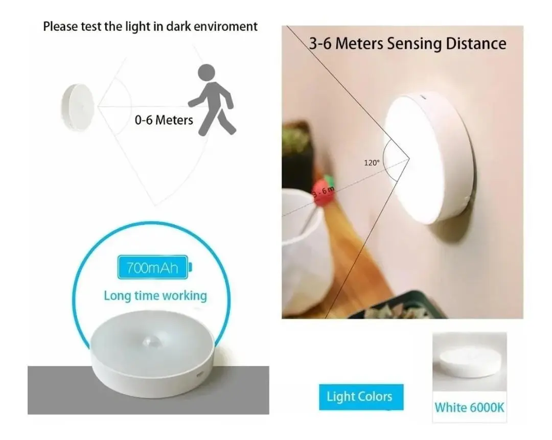 Luz LED inalámbrica para armario, 700mAh, sensor de movimiento 3-6m, 120°, 6000K.
