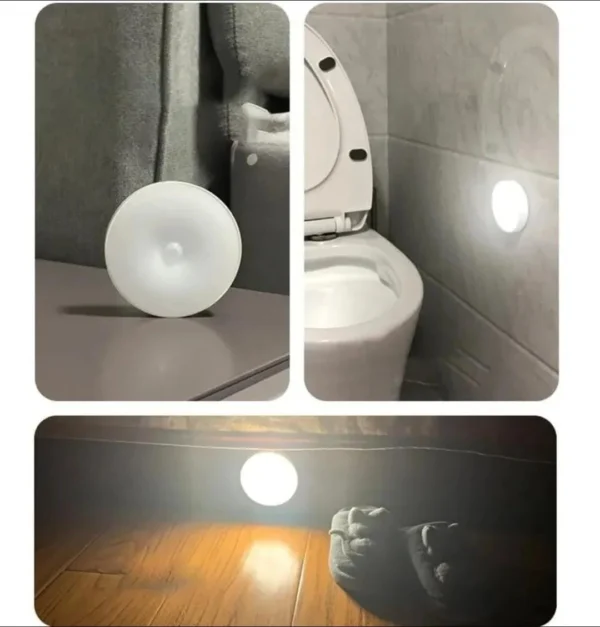 Luz portátil inalámbrica para armario en acción, ilumina baño y piso.