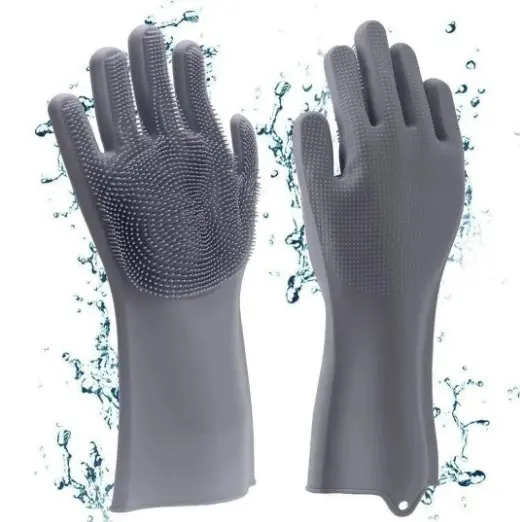Guantes de silicona para lavar loza con esponja integrada, ideales para limpieza.