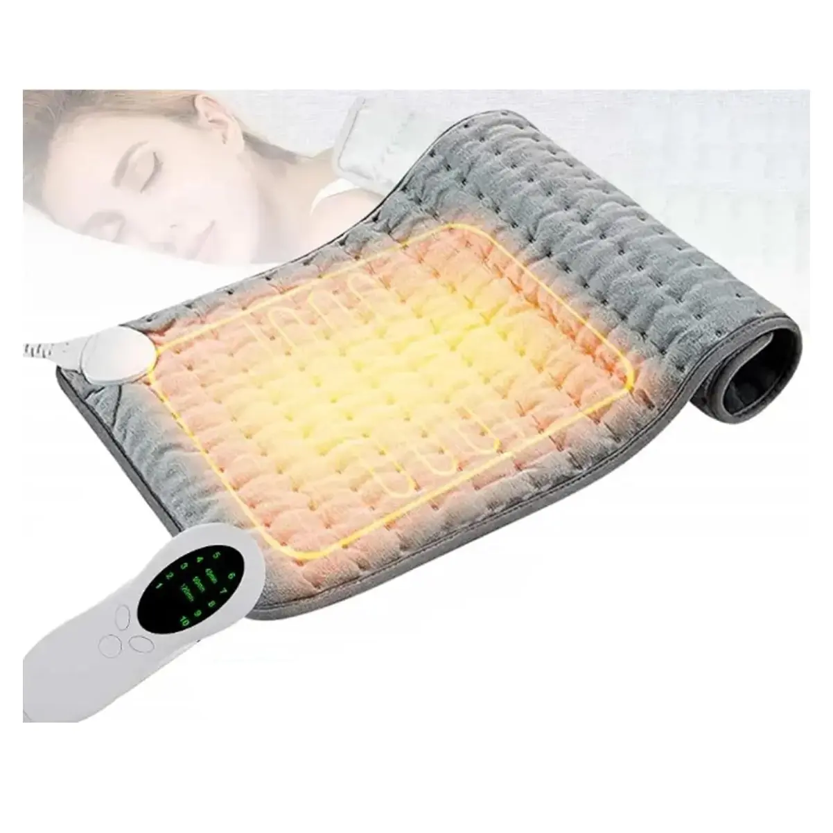 Manta térmica eléctrica gris con control remoto, ideal para aliviar dolores.