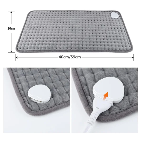 Manta térmica eléctrica gris suave, 40x59 cm, con control de temperatura y cable desmontable.