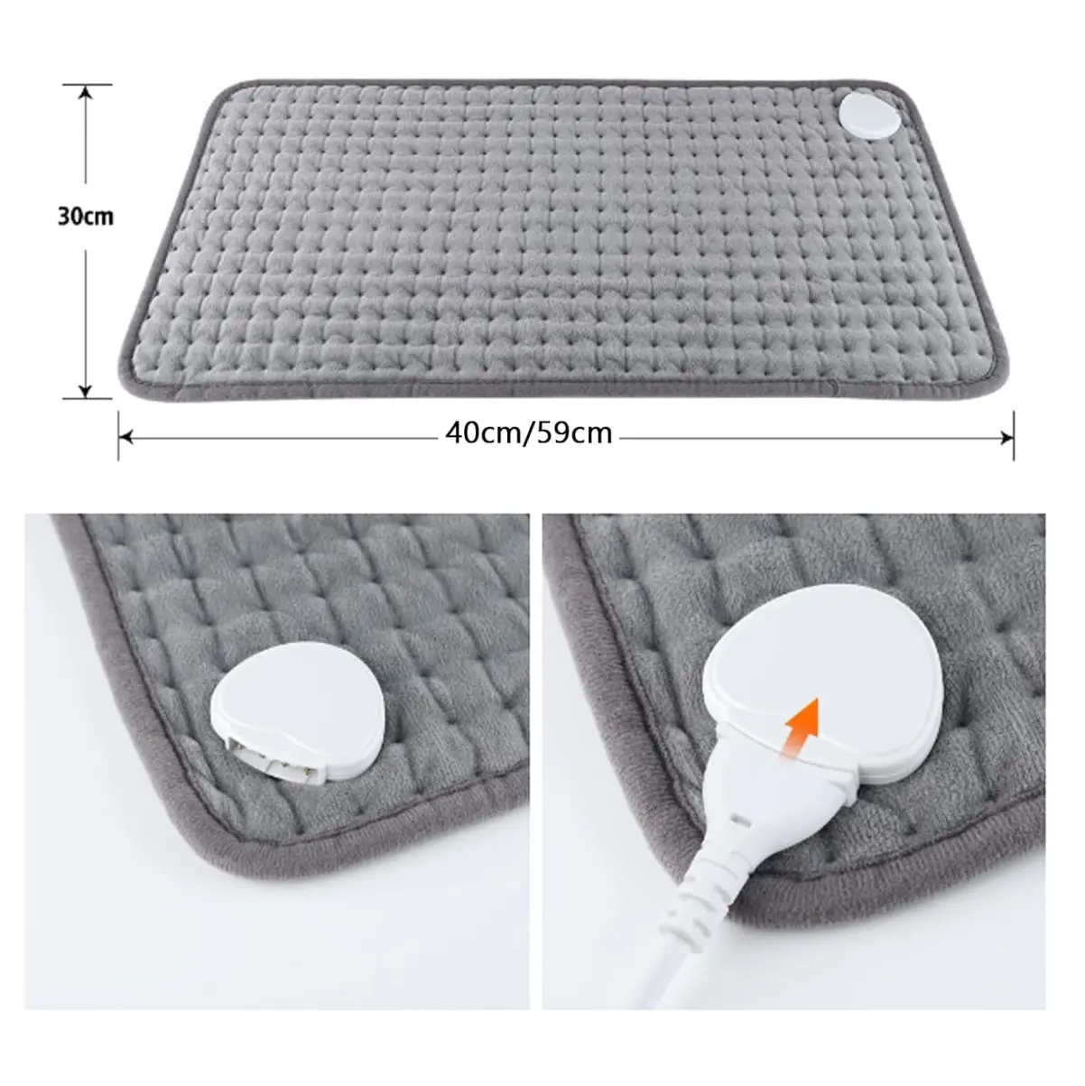 Manta térmica eléctrica gris suave, 40x59 cm, con control de temperatura y cable desmontable.