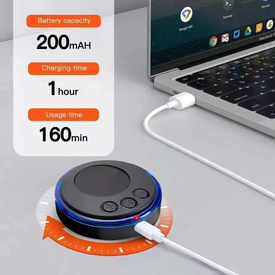 Masajeador eléctrico de cuello: 200 mAh, carga 1h, usa 160 min, conectado a MacBook.