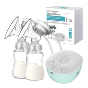 Extractor doble de leche materna USB con dos biberones, diseño ergonómico y portátil.