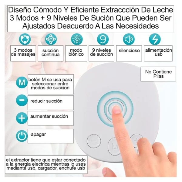 Extractor doble de leche materna USB con 3 modos y 9 niveles de succión para lactancia.