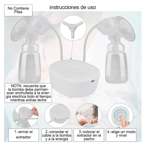 Extractor Doble Leche Materna USB: fácil uso, portátil, con cable y control de nivel.