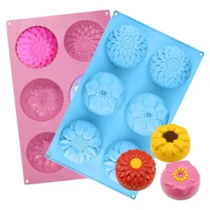 Moldes de silicona de flores para velas y repostería, con diseños de pétalos detallados en colores vibrantes.