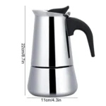 Cafetera italiana expresso de 9 tazas en acero inoxidable, con mango negro.