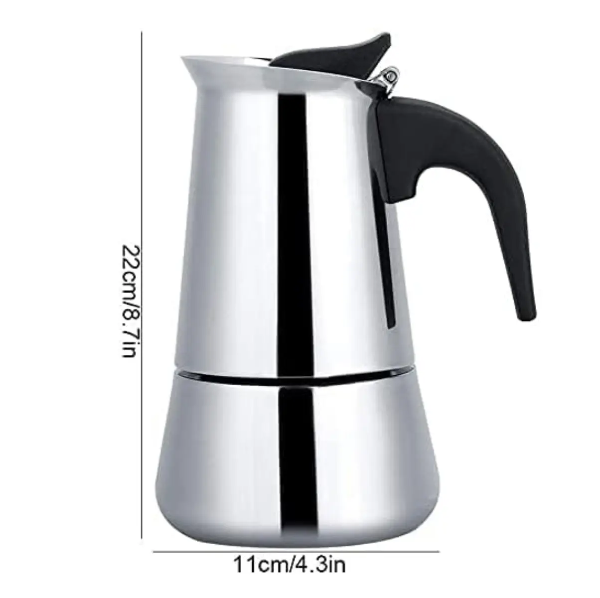 Cafetera italiana expresso de 9 tazas en acero inoxidable, con mango negro.
