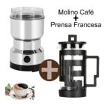 Combo molino de café y prensa francesa para preparar café, con taza de café y granos.
