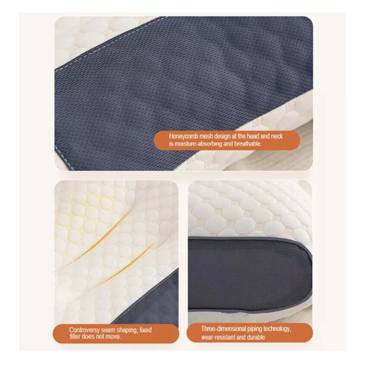 Almohada cervical Desconso con diseño de panal transpirable y costuras 3D fijas.