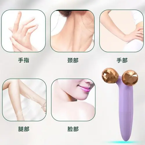 Rodillo masajeador facial y corporal con 2 esferas doradas, para rostro, cuello, manos y piernas.