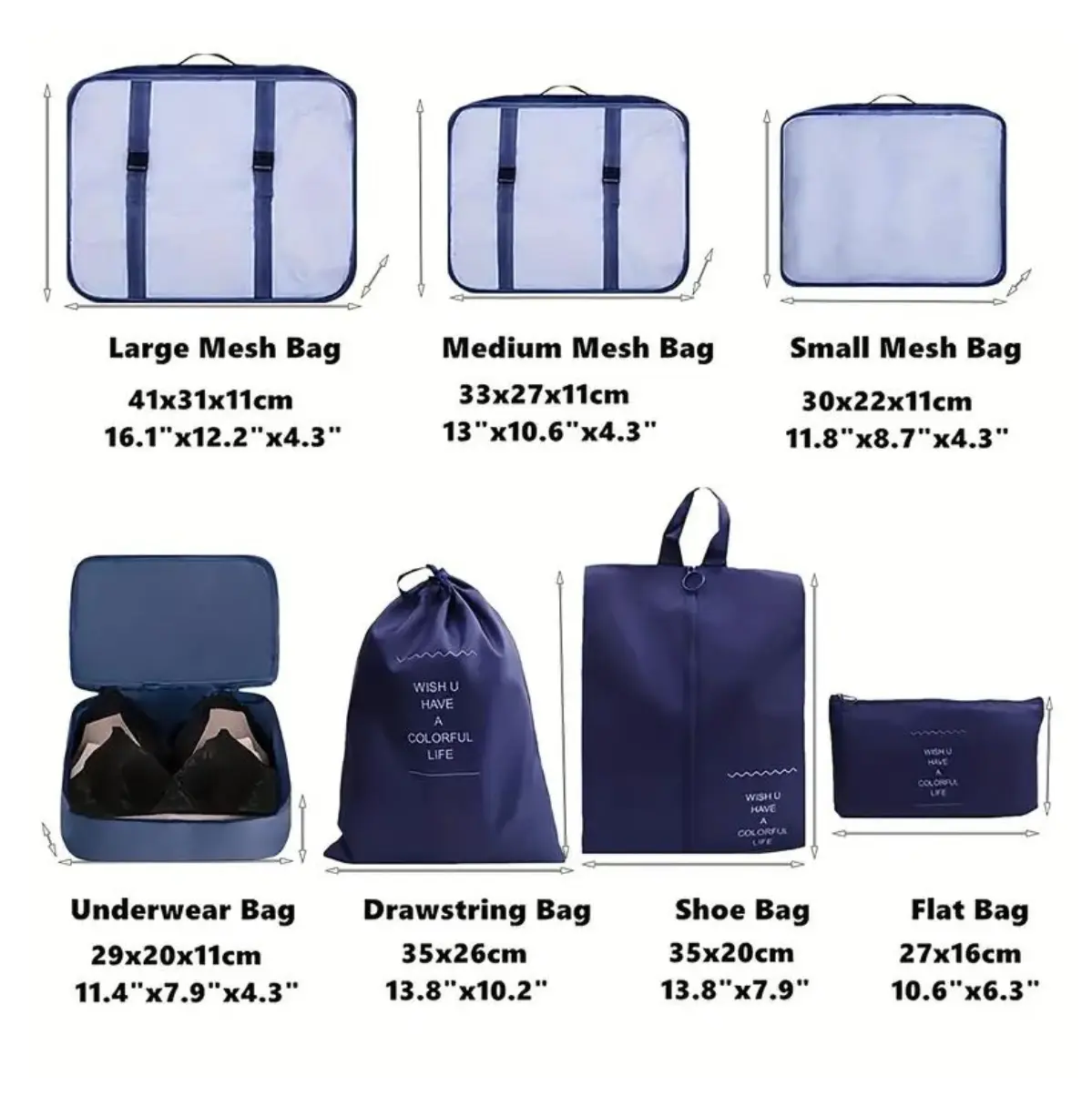 Set organizador de maleta 7 piezas para viaje: bolsas de malla, para ropa interior, con cordón, para zapatos y planas.