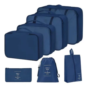 Set organizador de maleta 7 piezas azul para viaje: cubos, neceser, bolso y zapatero.