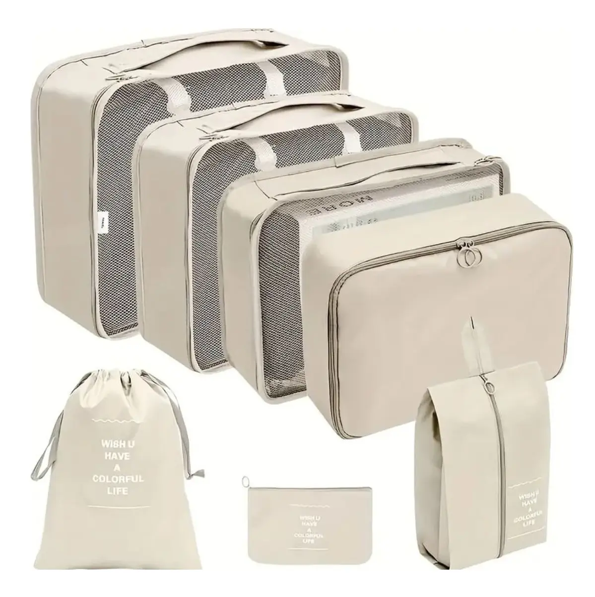 Set organizador de maleta 7 piezas para viaje, beige, con cubos de malla y bolsas.