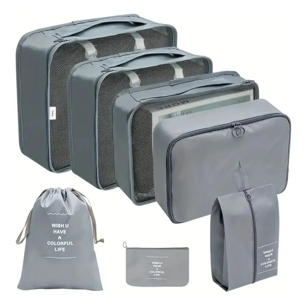 Set organizador de maleta para viaje 7 piezas gris, para ropa y zapatos.