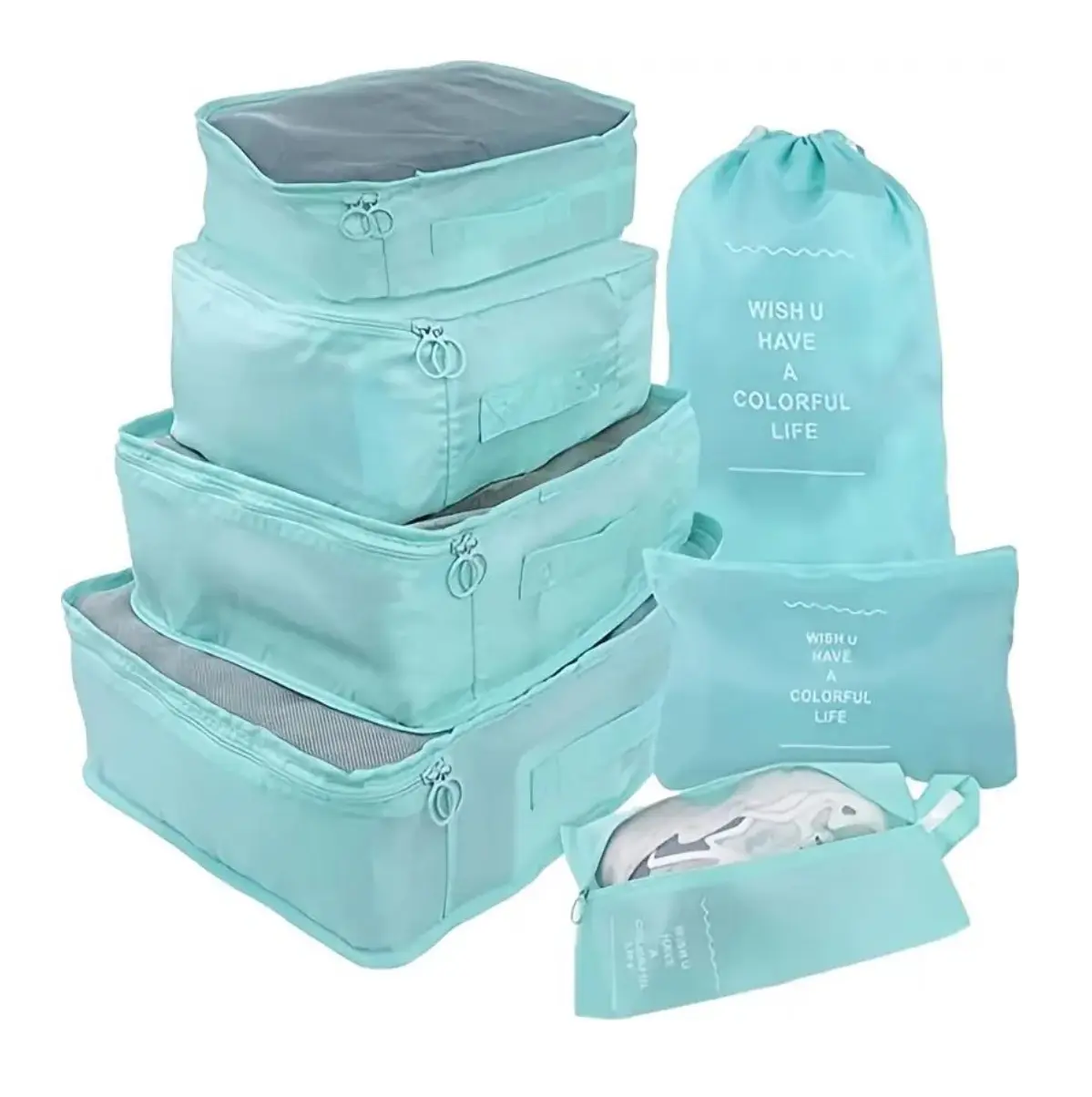 Set organizador de maleta 7 pzs viaje: cubos organizadores y bolsas para zapatos en color menta.