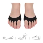 Almohadillas puntera antepié negras para alivio de pies, con diseños de zapatos planos, tacón y zapatillas.