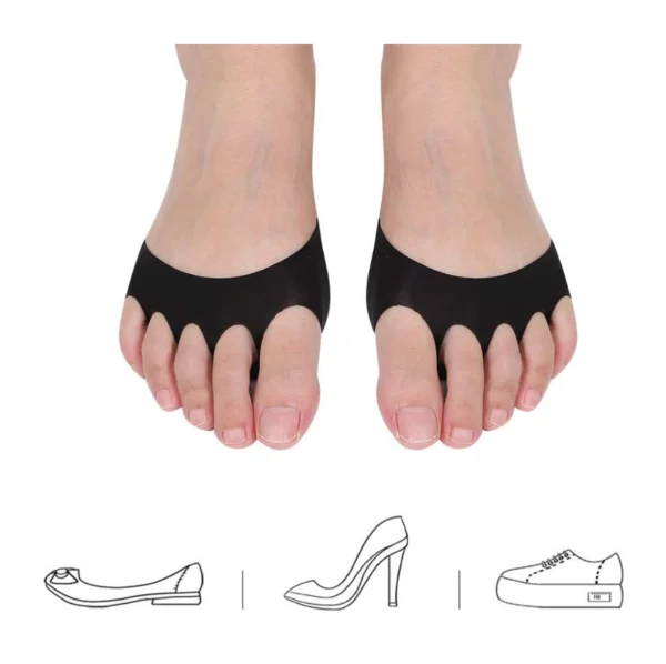 Almohadillas puntera antepié negras para alivio de pies, con diseños de zapatos planos, tacón y zapatillas.