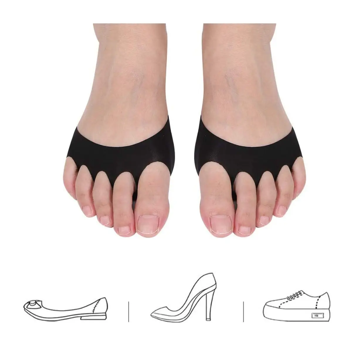 Almohadillas puntera antepié negras para alivio de pies, con diseños de zapatos planos, tacón y zapatillas.