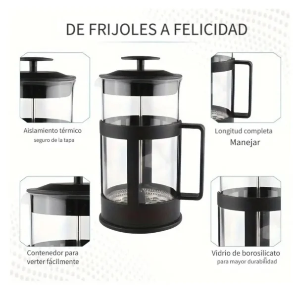 Cafetera Prensa Francesa de acero con vidrio de borosilicato y mango seguro.