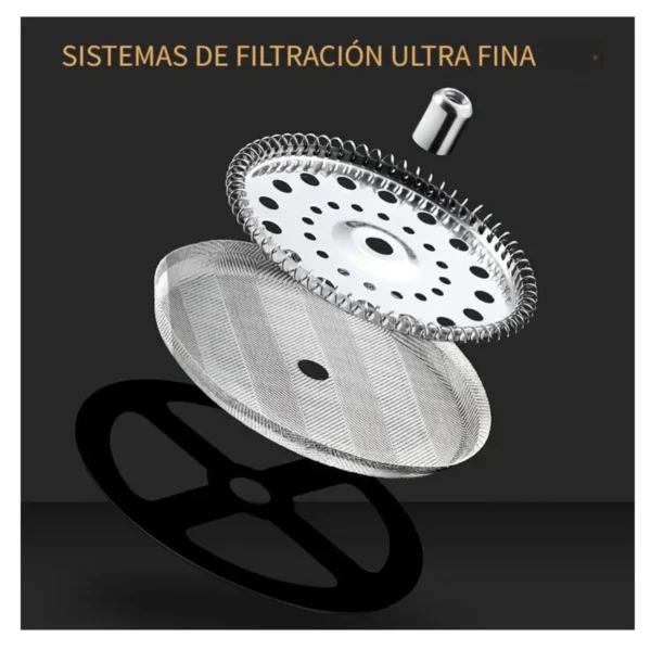 Cafetera prensa francesa con filtro de acero inoxidable ultra fino para café.