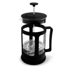 Cafetera prensa francesa de vidrio con filtro de acero y marco negro.