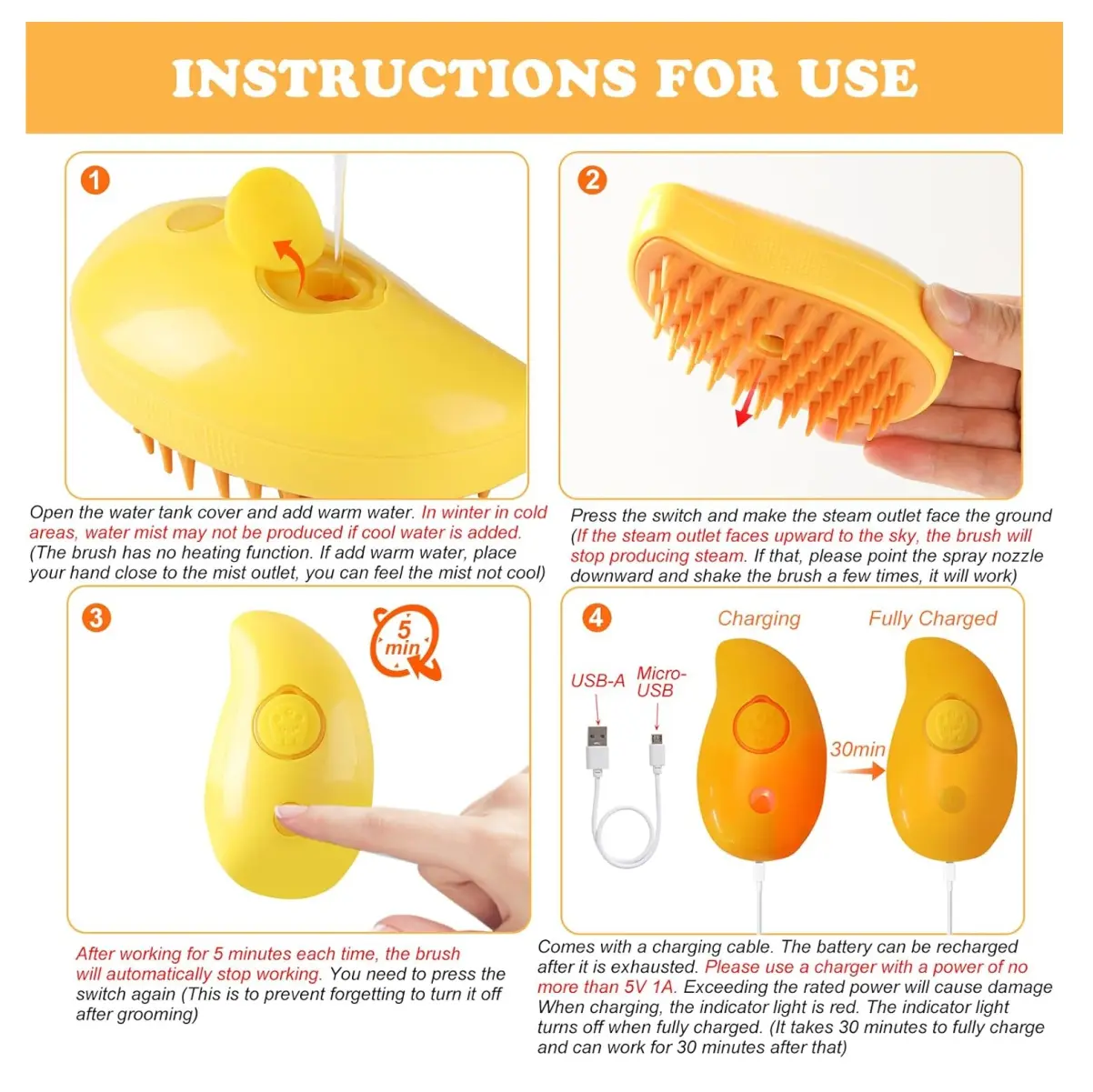 Cepillo de vapor para mascotas amarillo con instrucciones de uso: llenado, vaporización, apagado automático y carga.