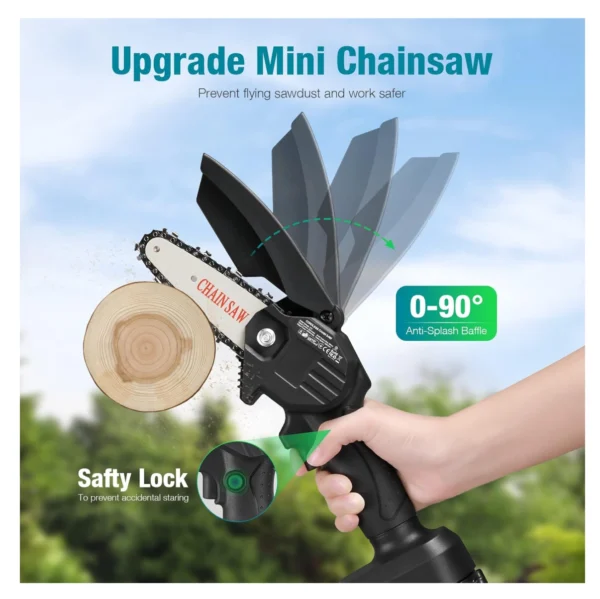 Motosierra Pro Portátil: corte seguro con deflector anti-salpicaduras de 0-90° y seguro.
