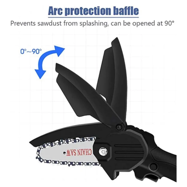 Motosierra Pro Portátil con protector de arco ajustable de 0 a 90° para seguridad.