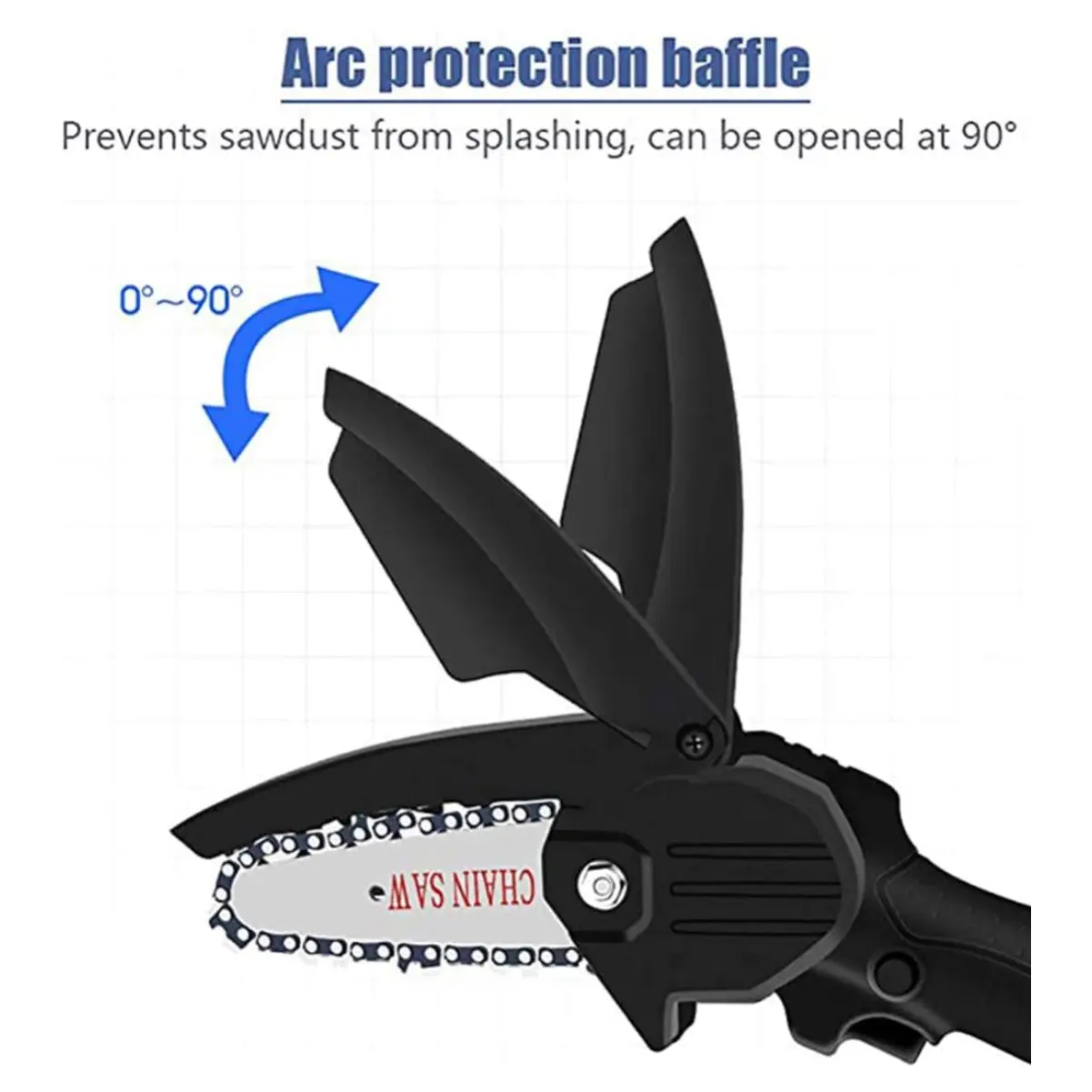 Motosierra Pro Portátil con protector de arco ajustable de 0 a 90° para seguridad.