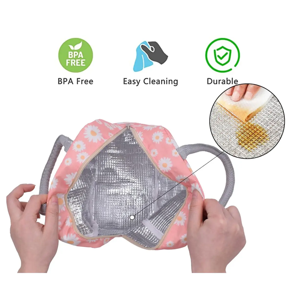 Lonchera térmica de tela con asa, diseño de flores, BPA free y fácil limpieza.
