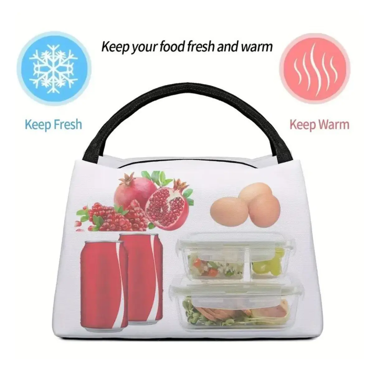 Lonchera térmica de tela con asa, ideal para mantener tus alimentos frescos y calientes, con diseño de frutas y latas.